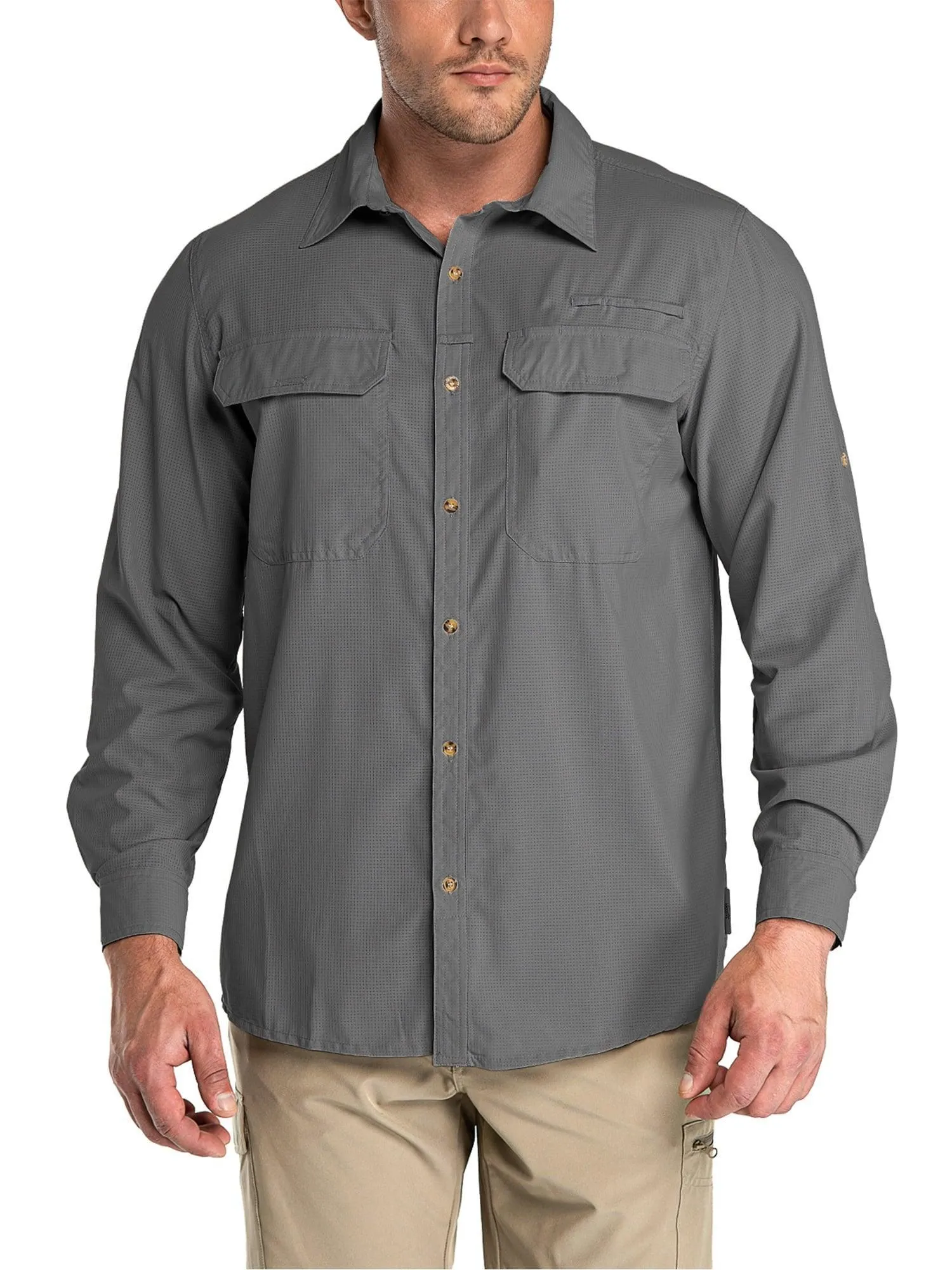 33,000ft Men's Long Sleeve Sun Protection Shirt UPF 50  UV Quick Dry Cooling Fishing Shirts for Travel Camping Hiking Grey Large