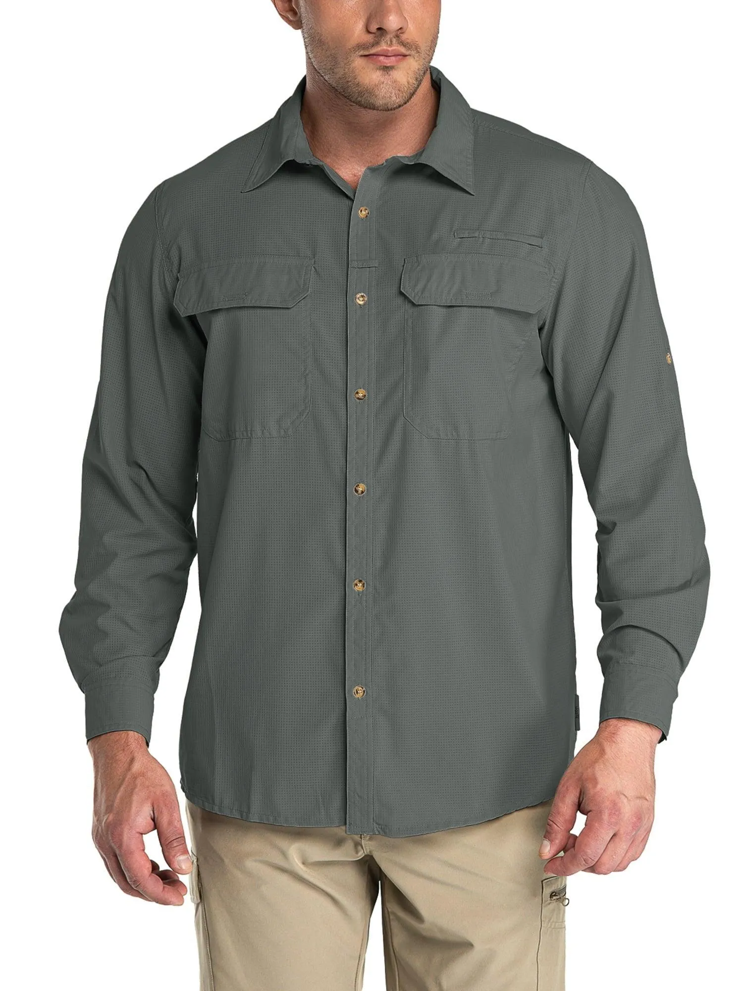 33,000ft Men's Long Sleeve Sun Protection Shirt UPF 50  UV Quick Dry Cooling Fishing Shirts for Travel Camping Hiking Grey Large