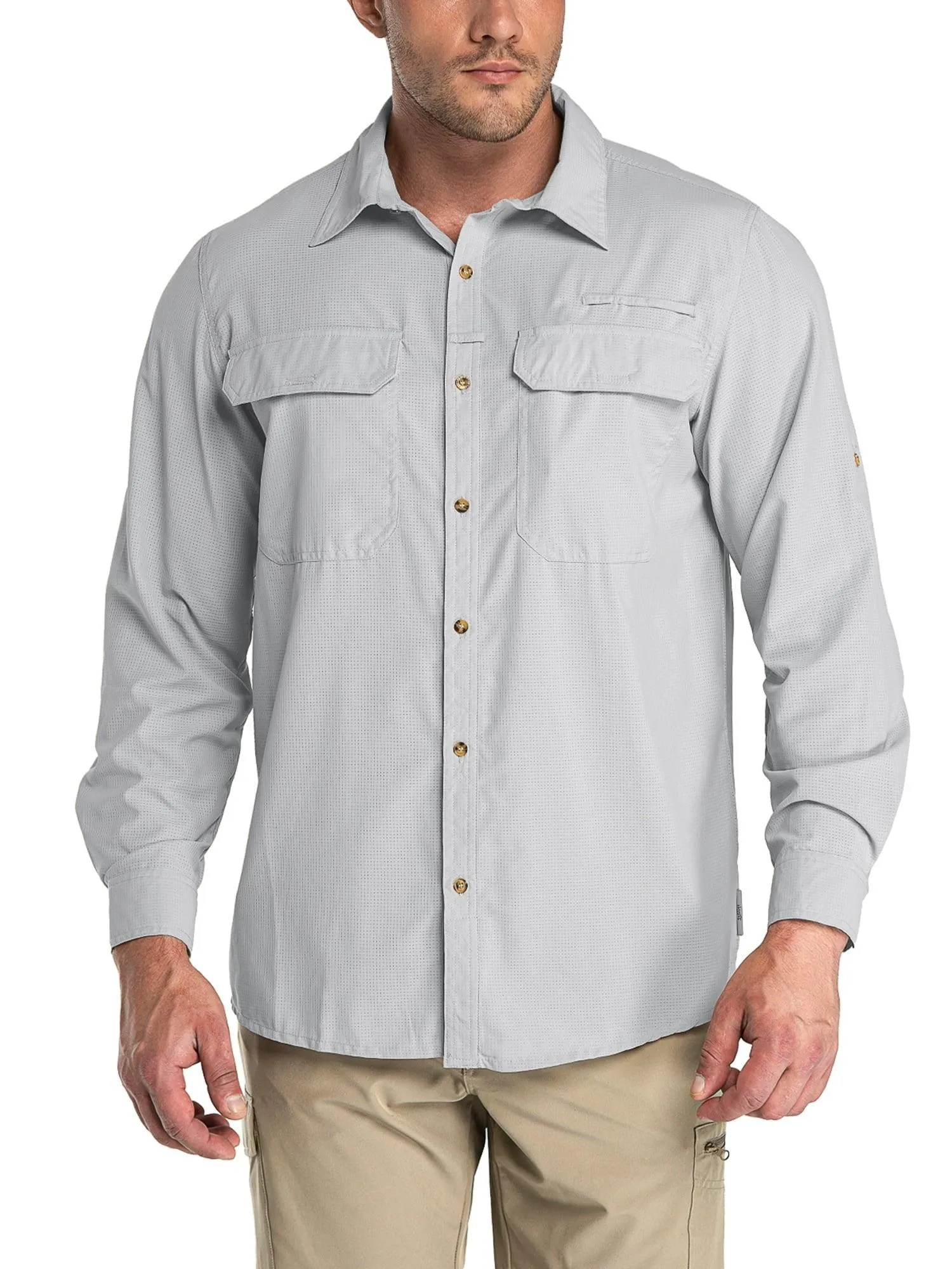 33,000ft Men's Long Sleeve Sun Protection Shirt UPF 50  UV Quick Dry Cooling Fishing Shirts for Travel Camping Hiking Grey Large