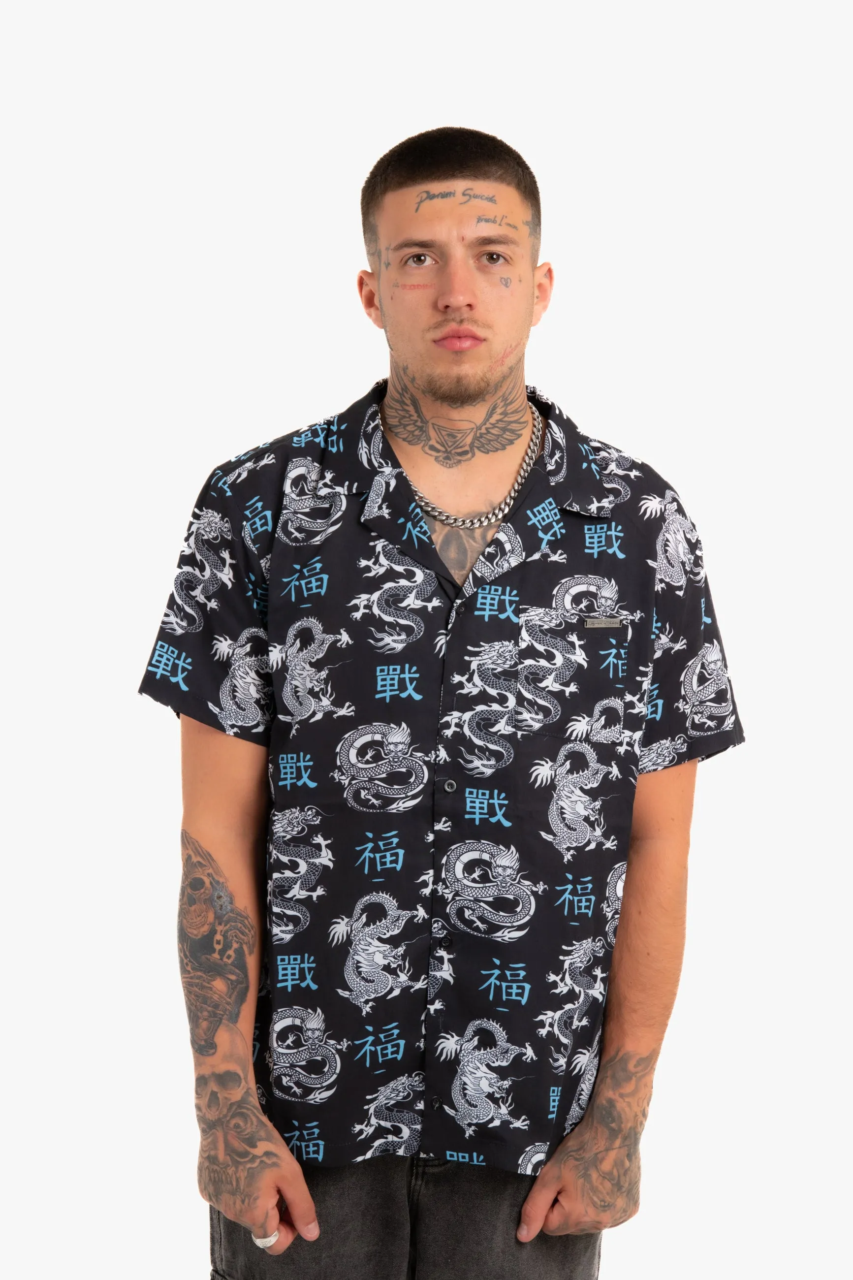 All-Over Dragon Print Short Sleeve Black Shirt