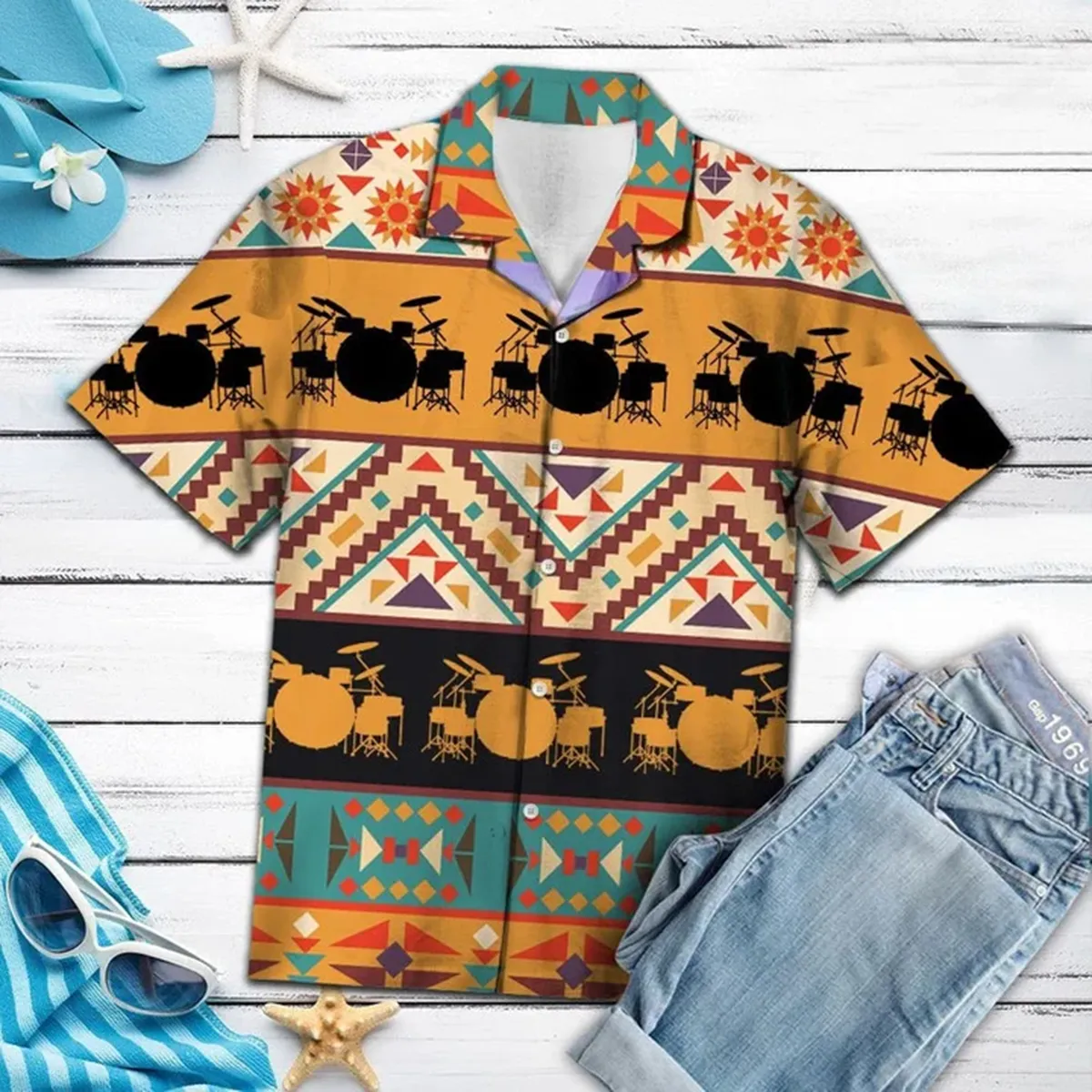 Amazing Drums With Geometric Hawaiian Shirt, Aloha Shirt