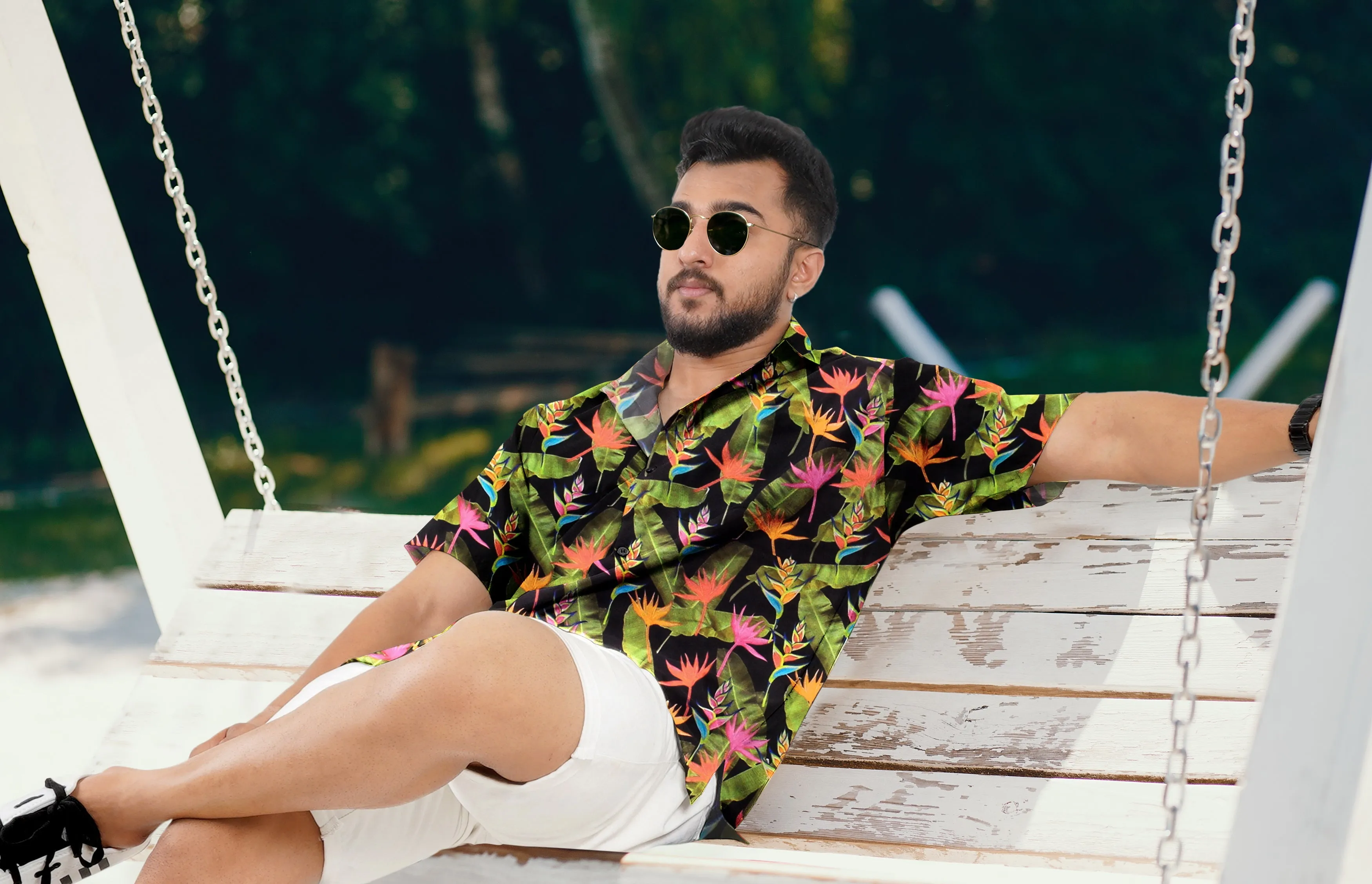 Black Banana Leaves and Floral Printed Hawaiian Beach Shirt For Men