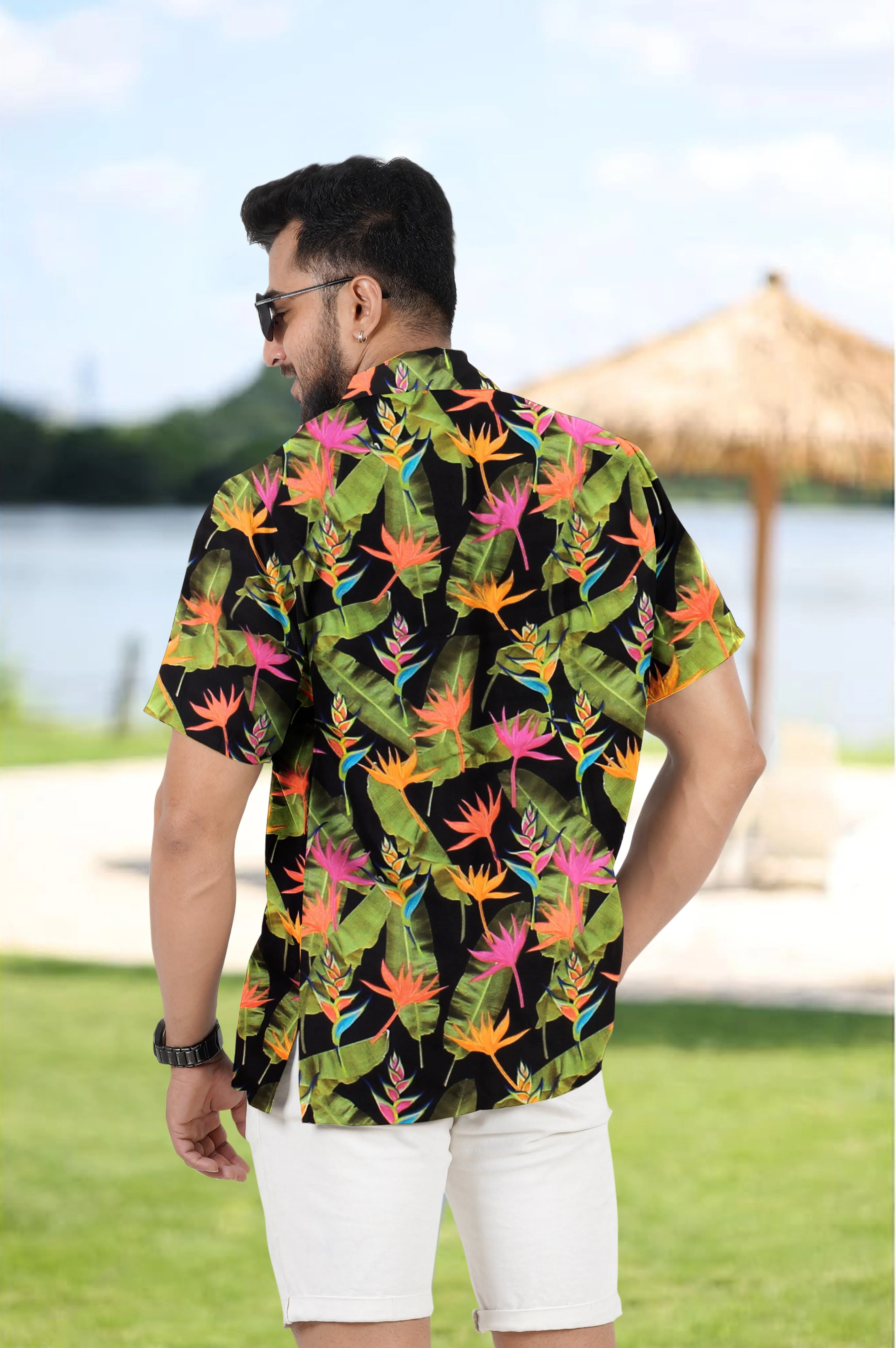 Black Banana Leaves and Floral Printed Hawaiian Beach Shirt For Men