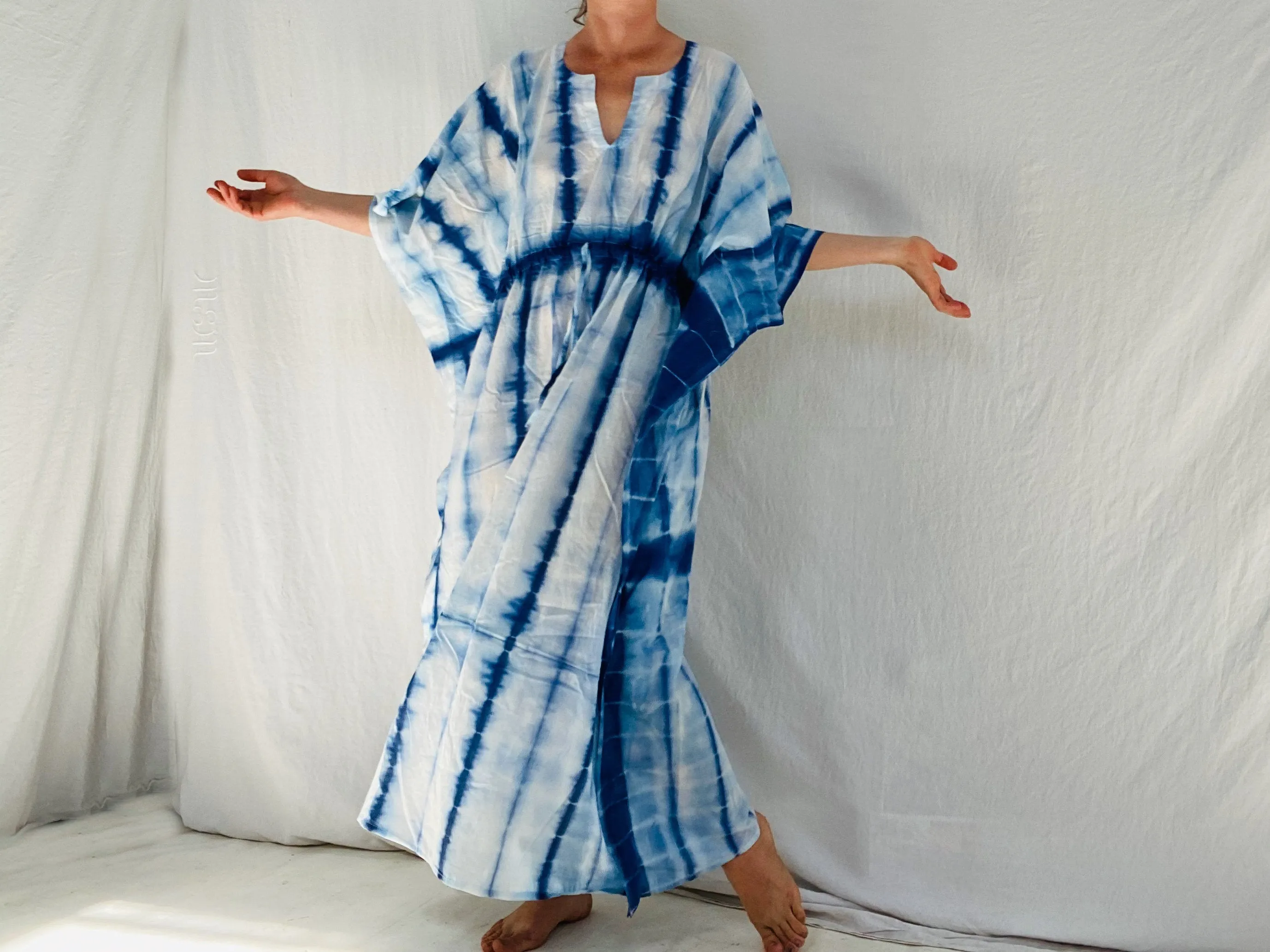 Block Print Caftan. Shibori Tie Dye. Indigo