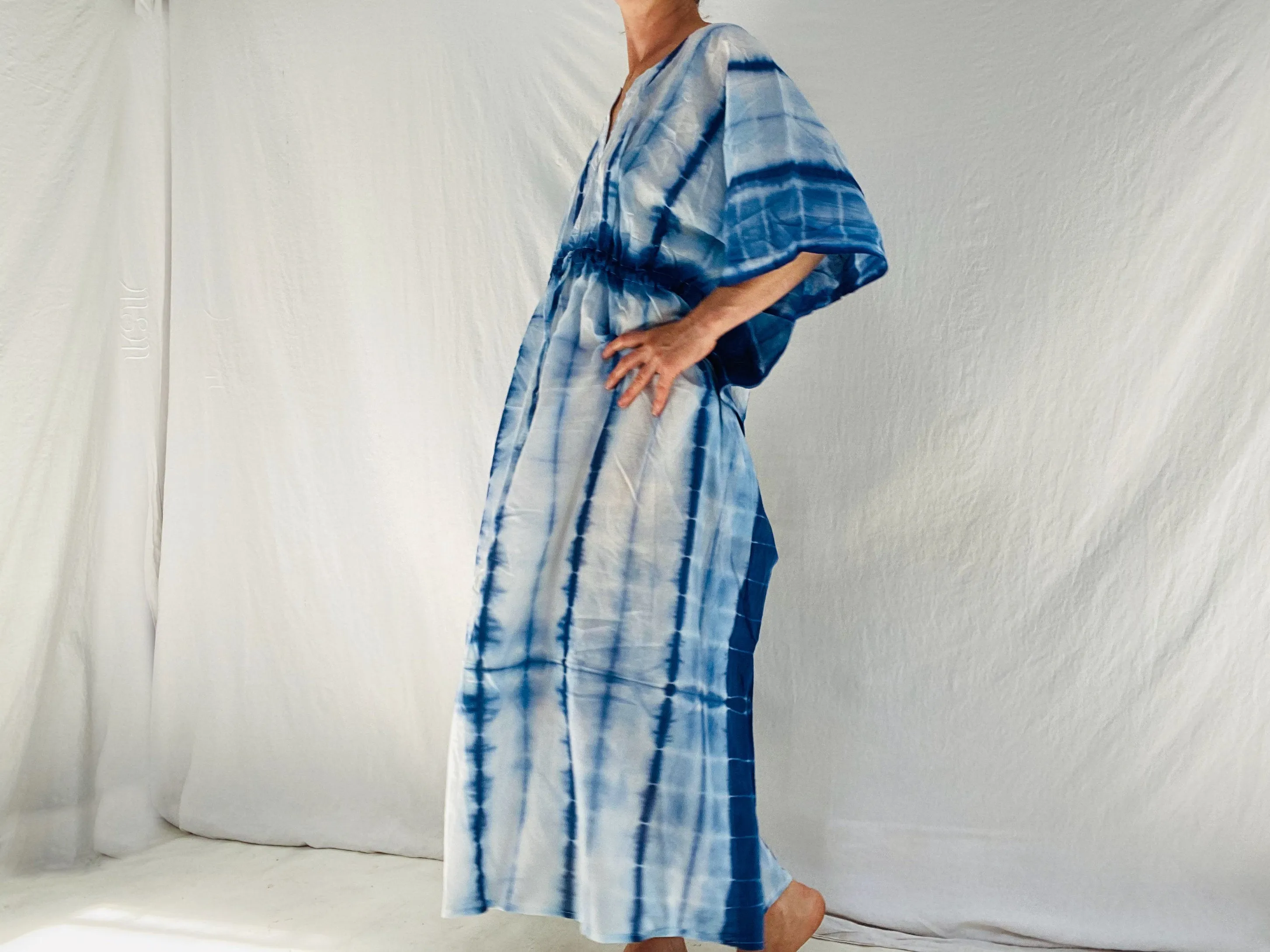 Block Print Caftan. Shibori Tie Dye. Indigo