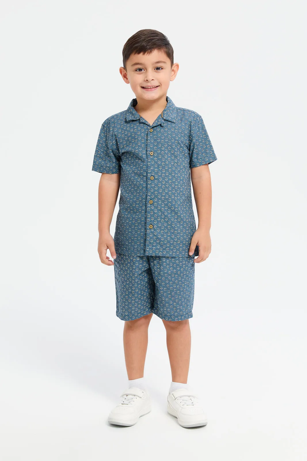 Boys Navy Printed Casual Shirt And Short Set (2 Piece)