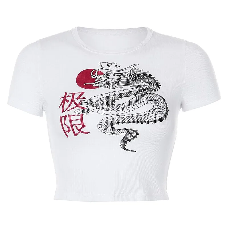Casual Basic Korean Fashion Style Dragon Print Short Sleeve Slim Crop Top Tees