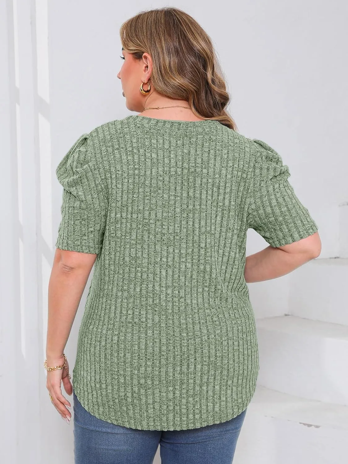Chulianyouhuo Womens Plus Size Tops Puff Short Sleeve Crew Neck Knit Shirts Summer Lightweight Casual Blouse