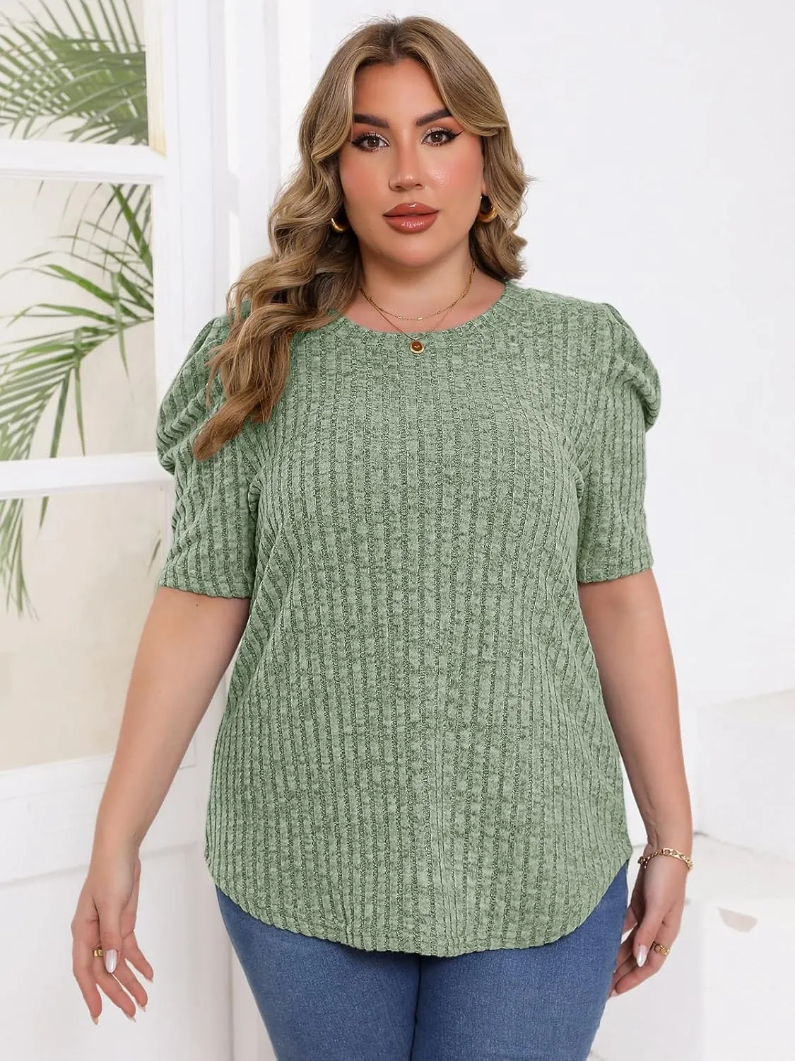 Chulianyouhuo Womens Plus Size Tops Puff Short Sleeve Crew Neck Knit Shirts Summer Lightweight Casual Blouse