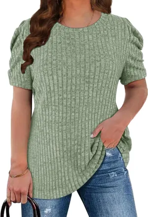Chulianyouhuo Womens Plus Size Tops Puff Short Sleeve Crew Neck Knit Shirts Summer Lightweight Casual Blouse