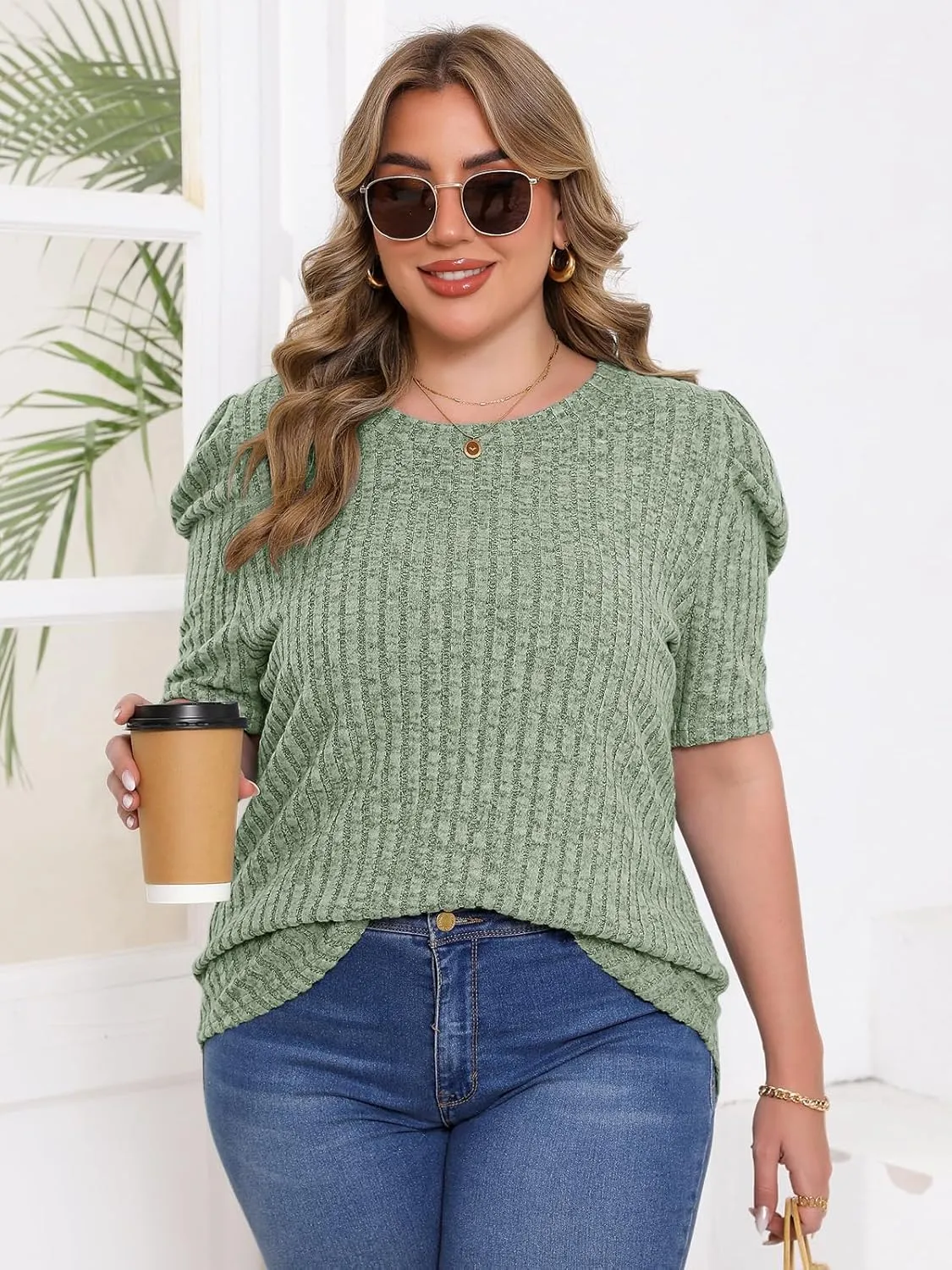 Chulianyouhuo Womens Plus Size Tops Puff Short Sleeve Crew Neck Knit Shirts Summer Lightweight Casual Blouse