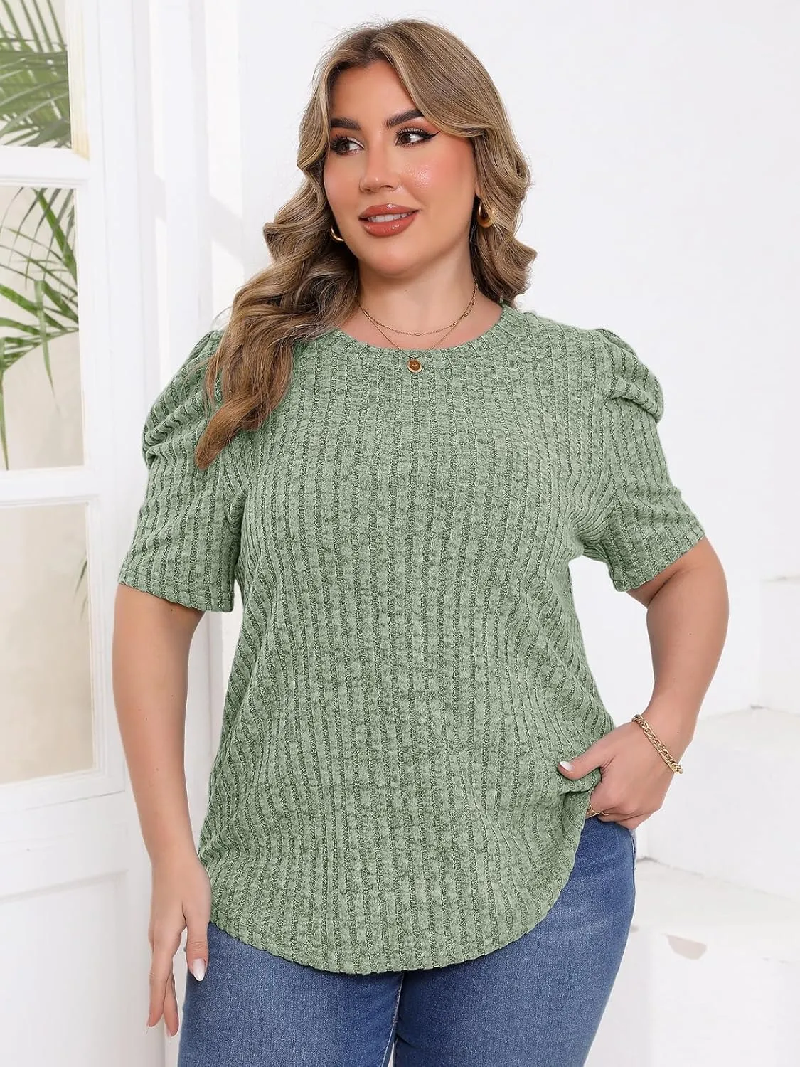 Chulianyouhuo Womens Plus Size Tops Puff Short Sleeve Crew Neck Knit Shirts Summer Lightweight Casual Blouse