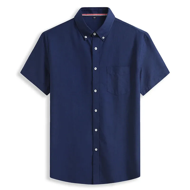 Cotton Oxford Summer Casual Loose Solid Color Short Sleeve Shirt