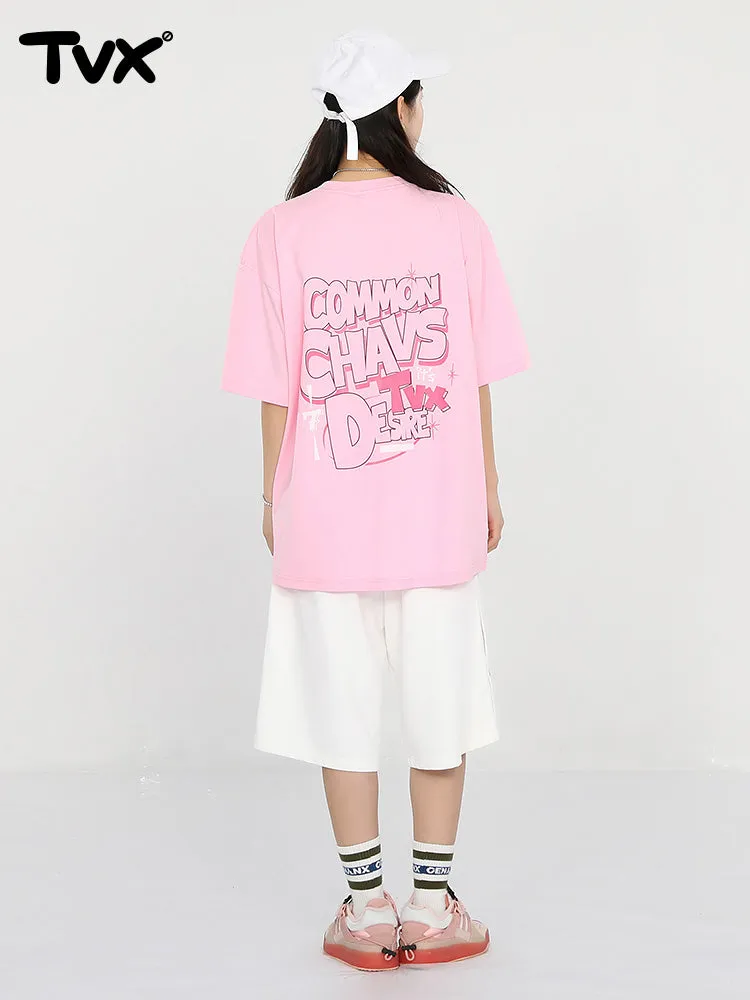 Creative Letters English print loose sleeved cotton round neck T-shirt