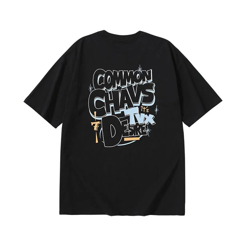 Creative Letters English print loose sleeved cotton round neck T-shirt