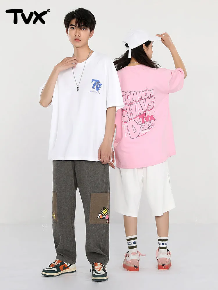 Creative Letters English print loose sleeved cotton round neck T-shirt