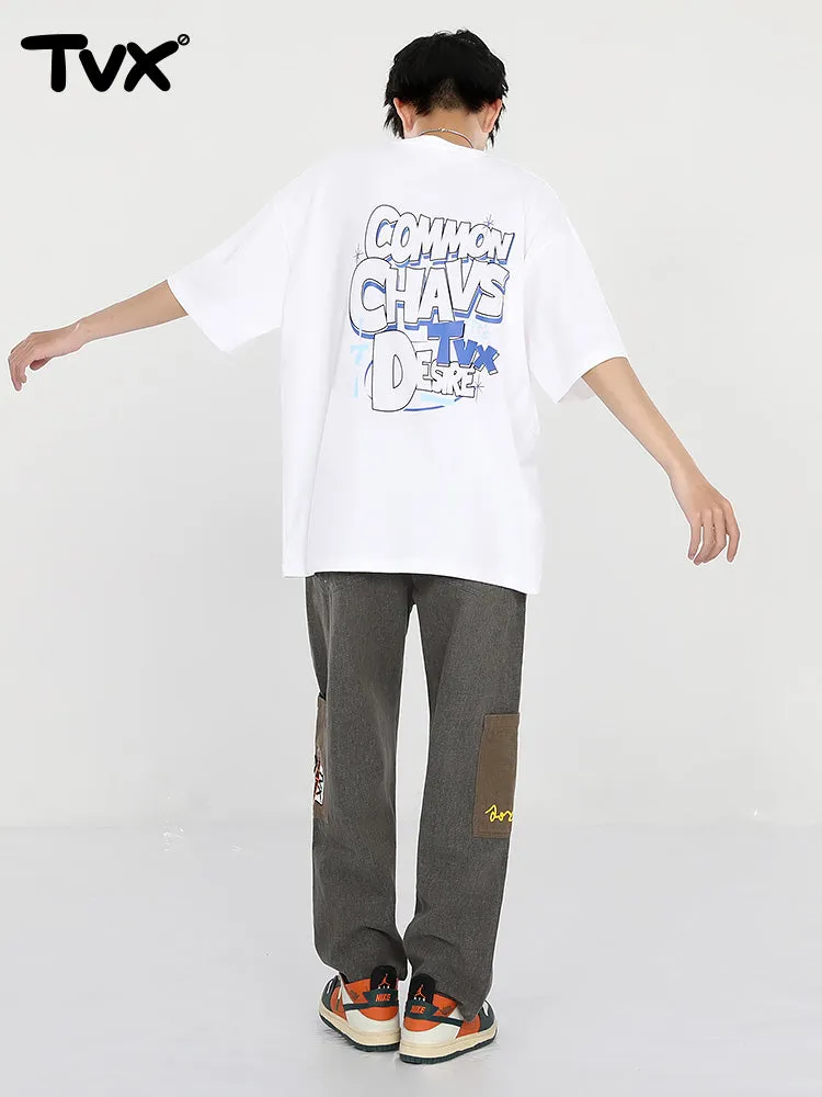 Creative Letters English print loose sleeved cotton round neck T-shirt