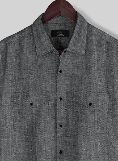 European Ash Gray Linen Western Style Shirt