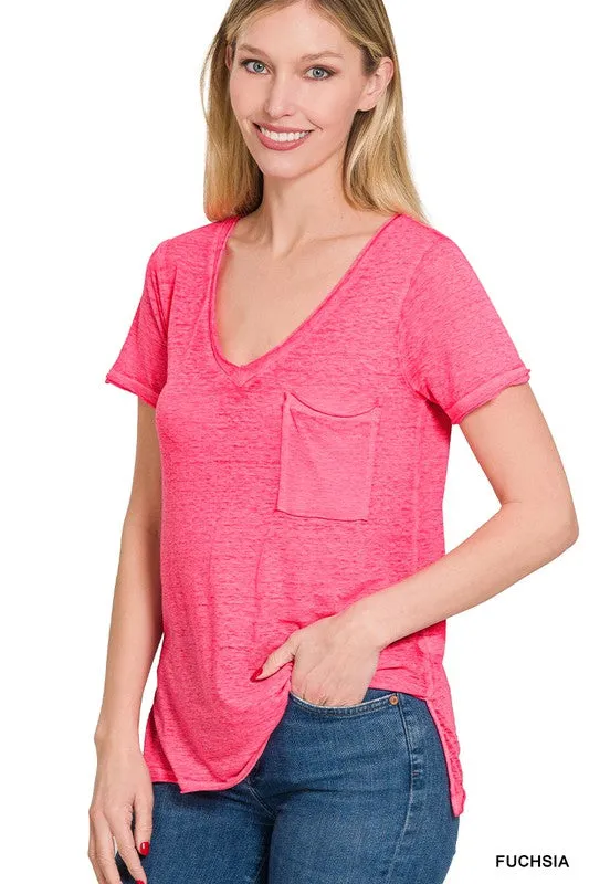 FS Clearance Washed Melange Burnout Scoop V-Neck Top
