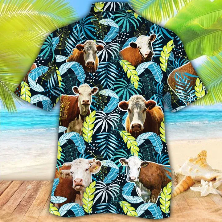Hereford Cattle Lovers Jungle Leaves Hawaiian Shirt, Cow Flower aloha shirt, Hawaiian shirt Men, Women