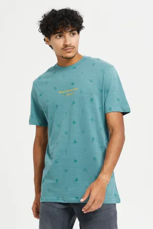 Men Green Printed Round Neck T-Shirt
