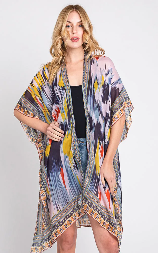 MS0379 GEOMETRIC TRIM TIE DYE PRINT KIMONO