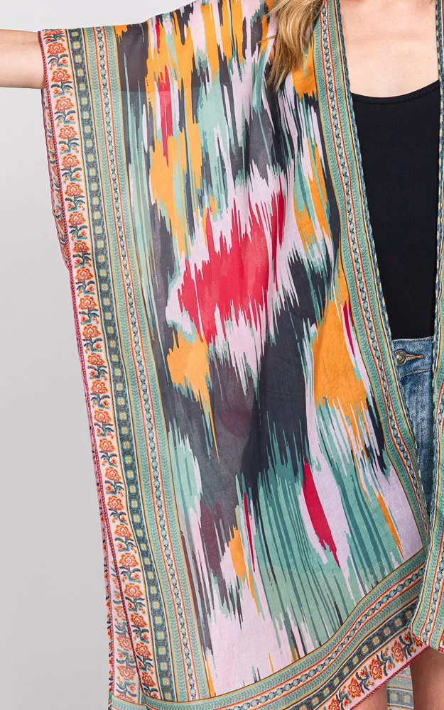 MS0379 GEOMETRIC TRIM TIE DYE PRINT KIMONO