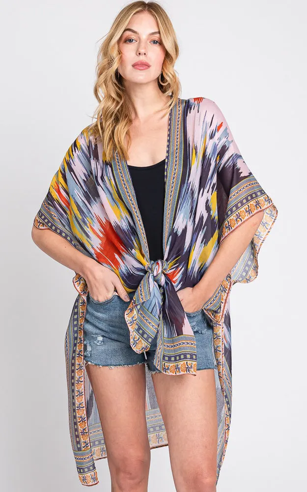 MS0379 GEOMETRIC TRIM TIE DYE PRINT KIMONO