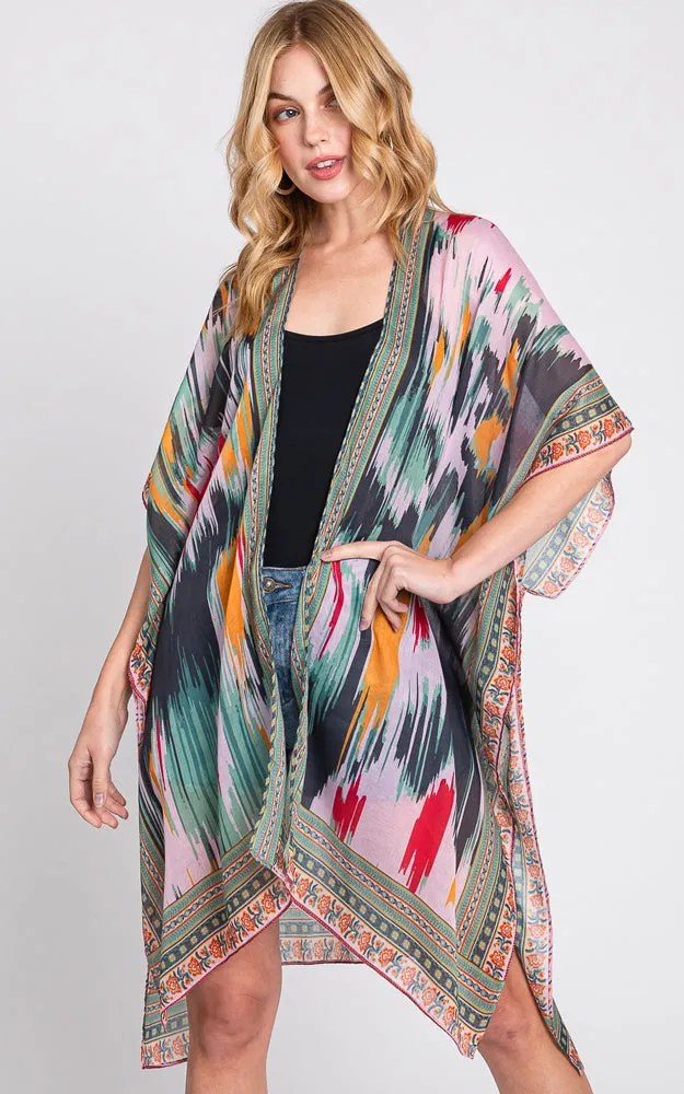MS0379 GEOMETRIC TRIM TIE DYE PRINT KIMONO