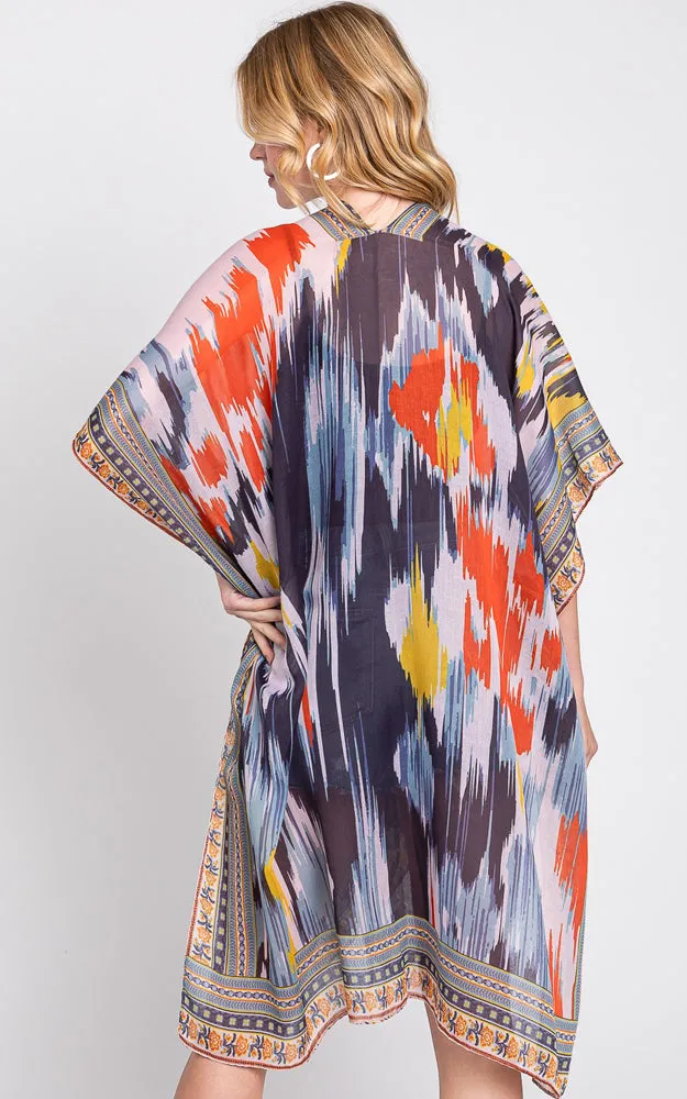 MS0379 GEOMETRIC TRIM TIE DYE PRINT KIMONO