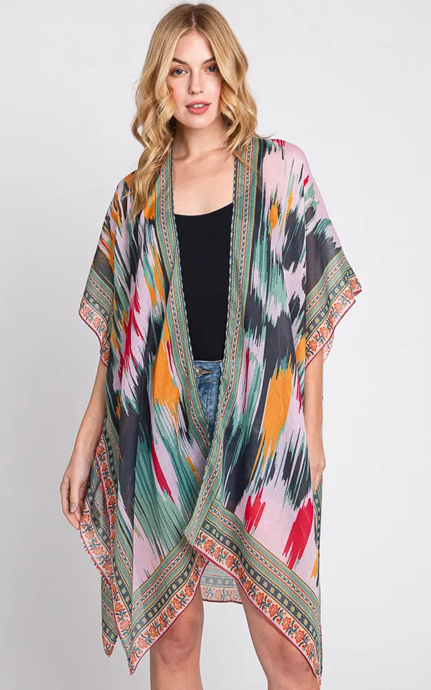 MS0379 GEOMETRIC TRIM TIE DYE PRINT KIMONO