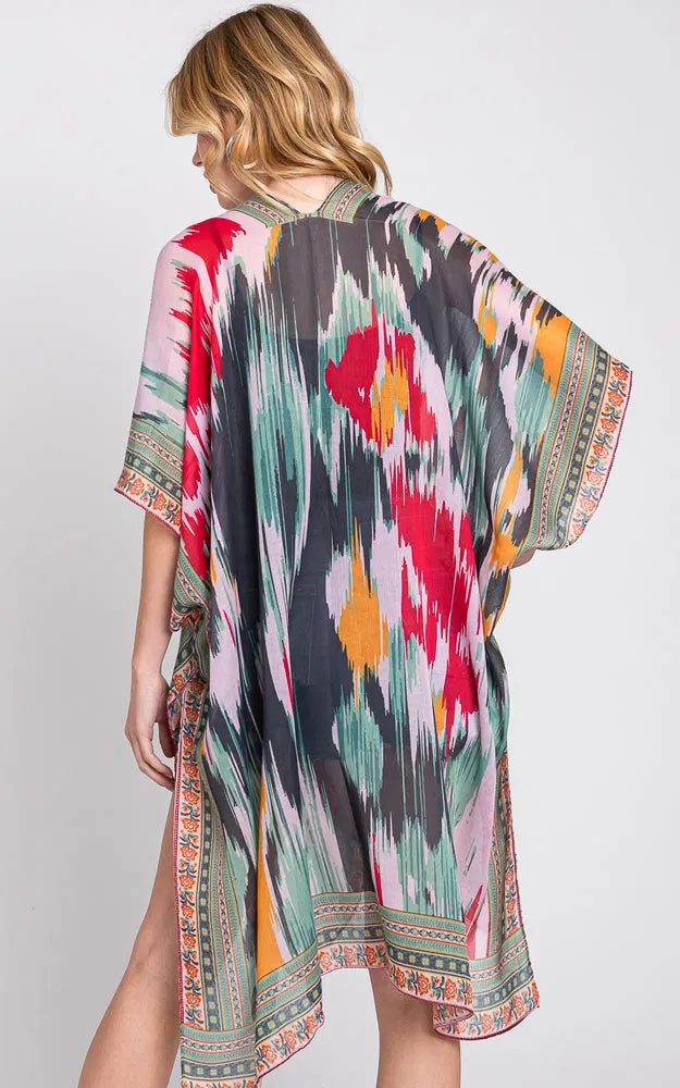MS0379 GEOMETRIC TRIM TIE DYE PRINT KIMONO