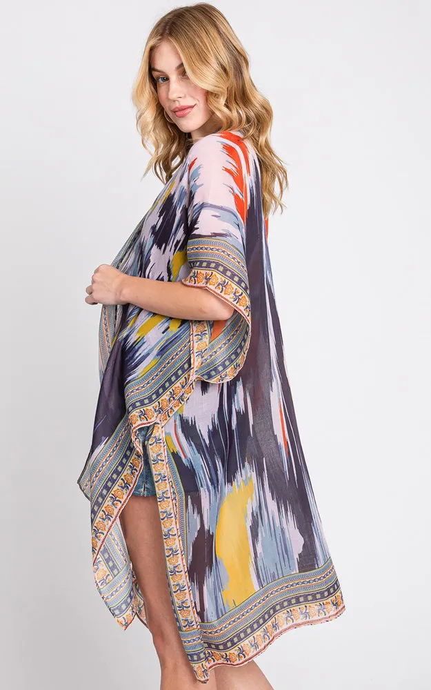 MS0379 GEOMETRIC TRIM TIE DYE PRINT KIMONO