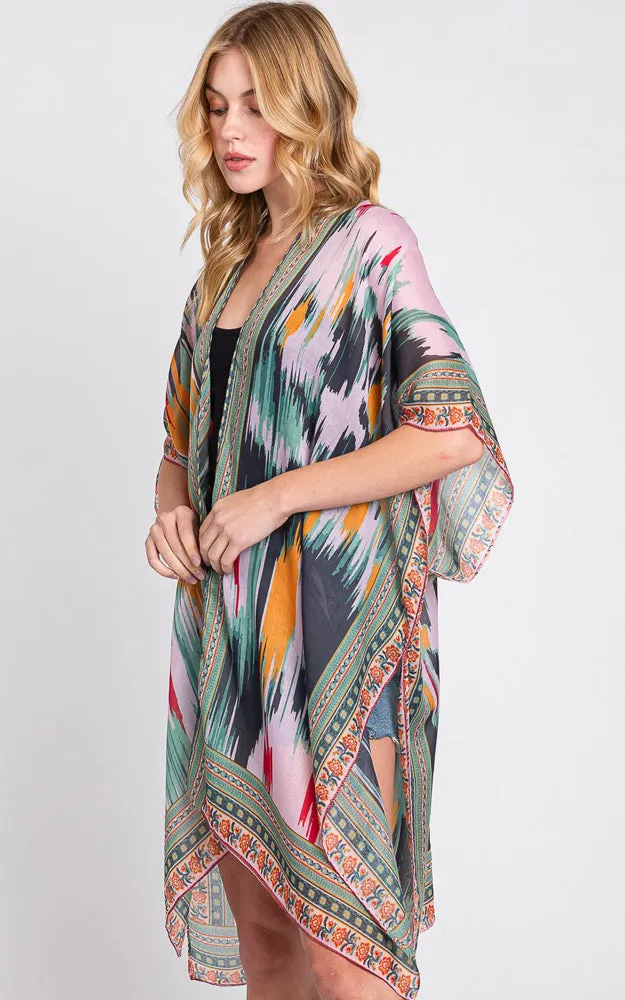 MS0379 GEOMETRIC TRIM TIE DYE PRINT KIMONO