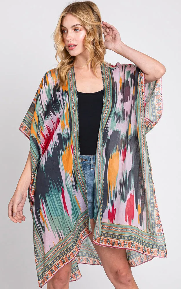 MS0379 GEOMETRIC TRIM TIE DYE PRINT KIMONO