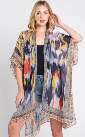 MS0379 GEOMETRIC TRIM TIE DYE PRINT KIMONO