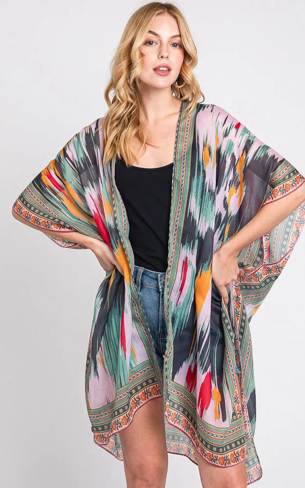 MS0379 GEOMETRIC TRIM TIE DYE PRINT KIMONO