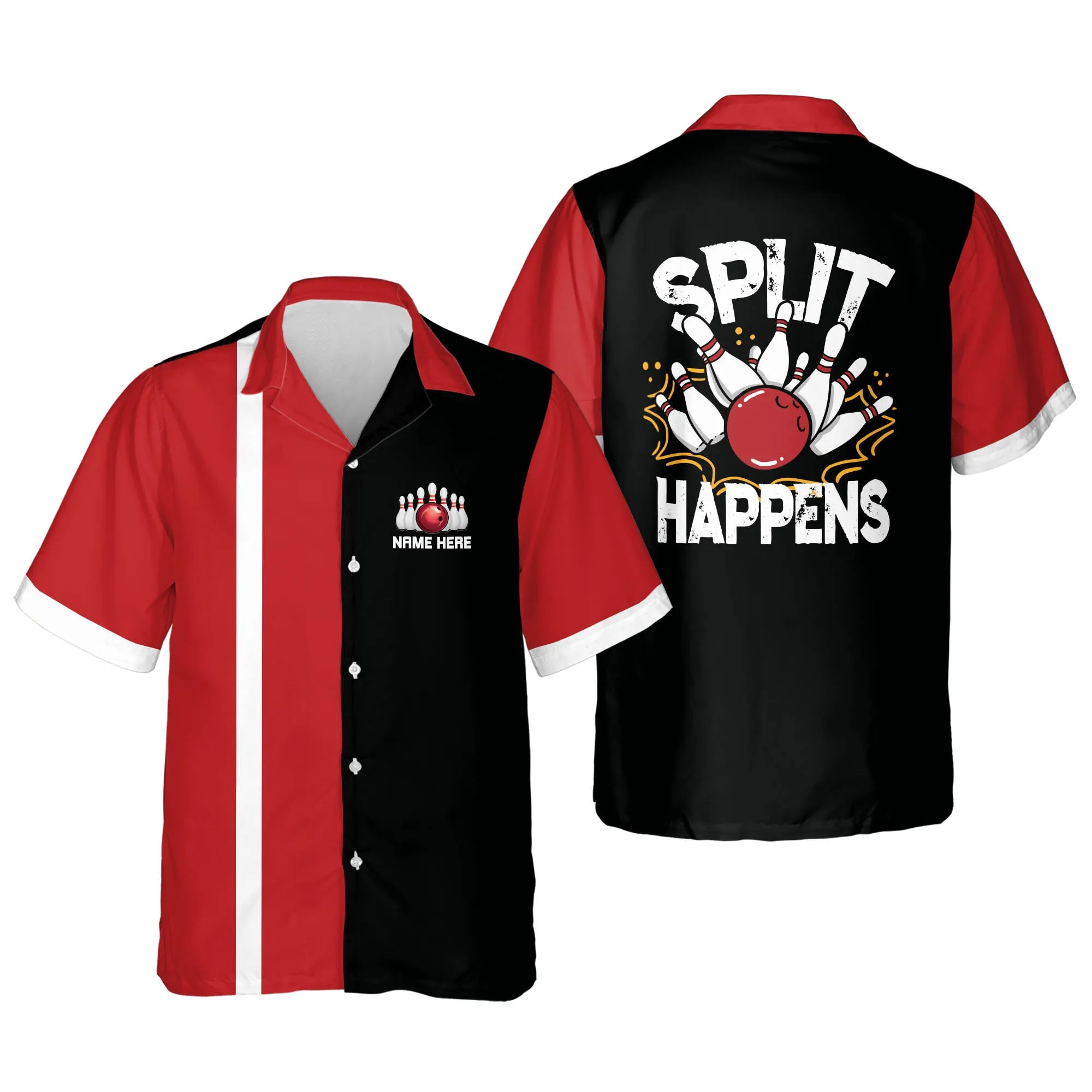 Personalized name Split Happens Hawaiian Bowling Shirt, Bowling Hawaiian shirt for men