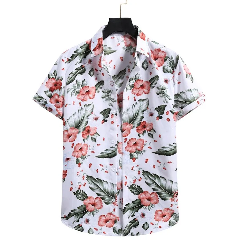 Pink Floral Hawaiian Shirt Men Chemise Homme Summer New Short Sleeve Beach Aloha Shirts Men Casual Button Up Shirt Male XXL