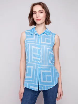 Printed Sleeveless Front Tie Cotton Shirt - Bluebell
