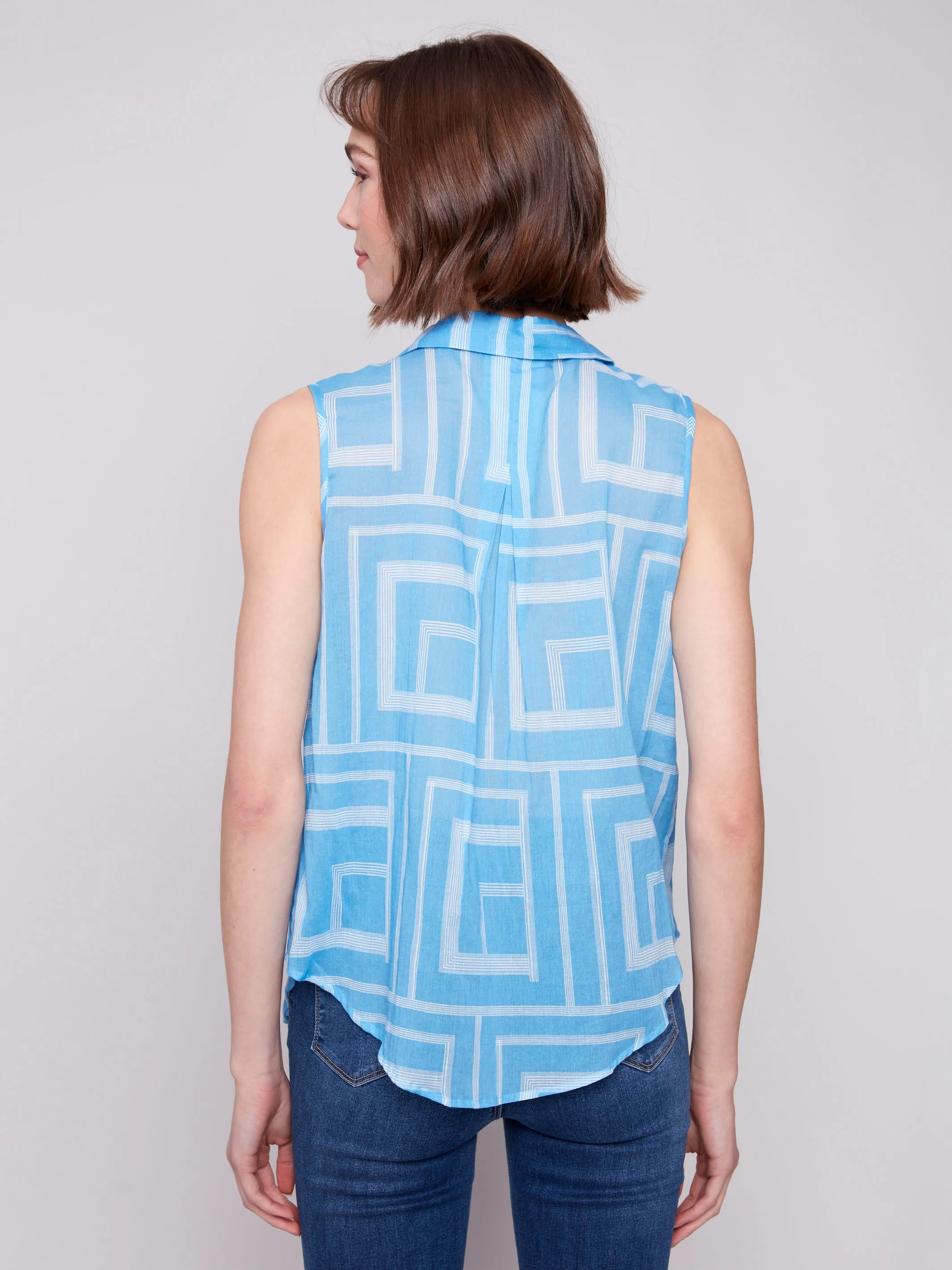 Printed Sleeveless Front Tie Cotton Shirt - Bluebell