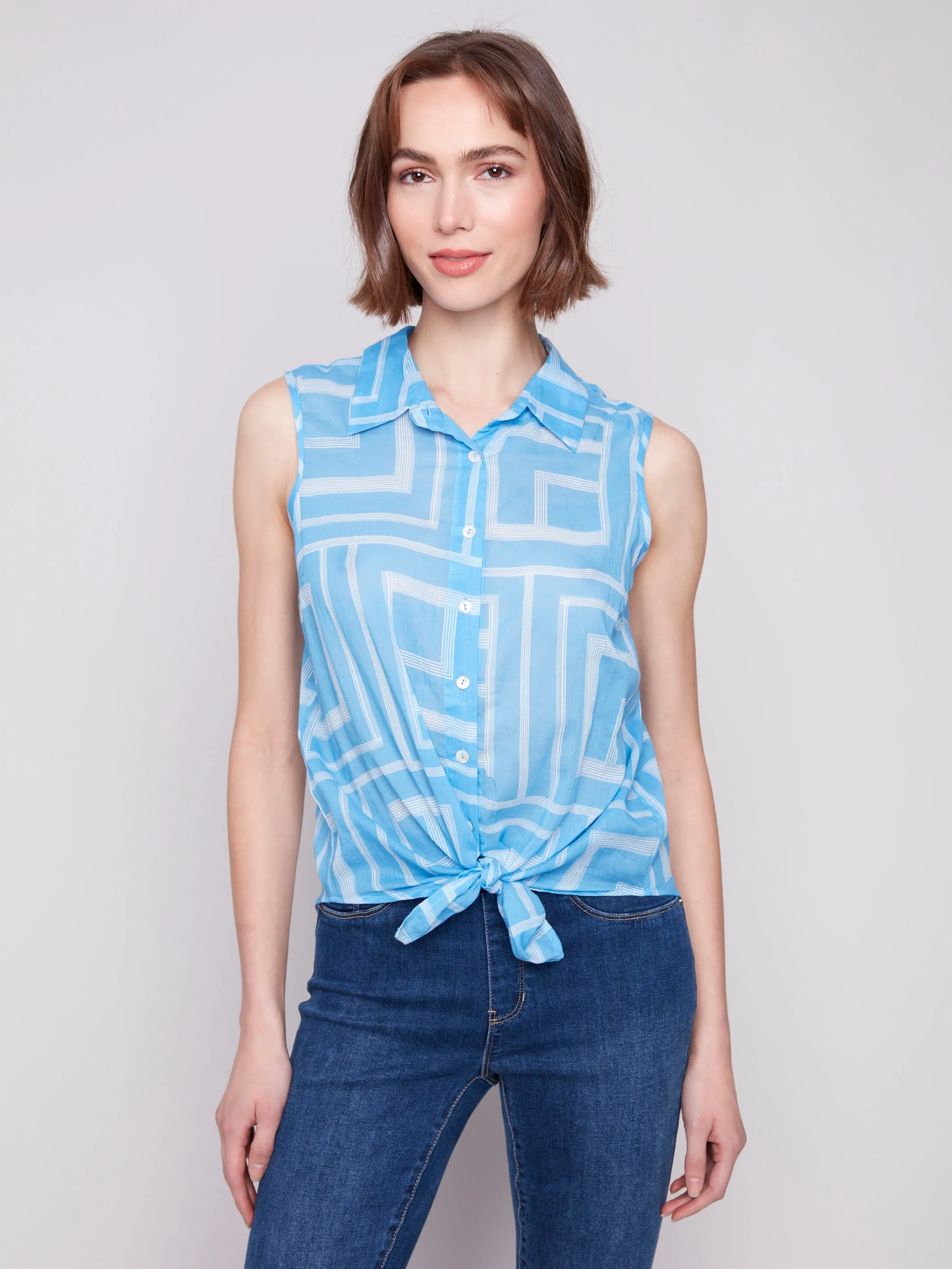 Printed Sleeveless Front Tie Cotton Shirt - Bluebell