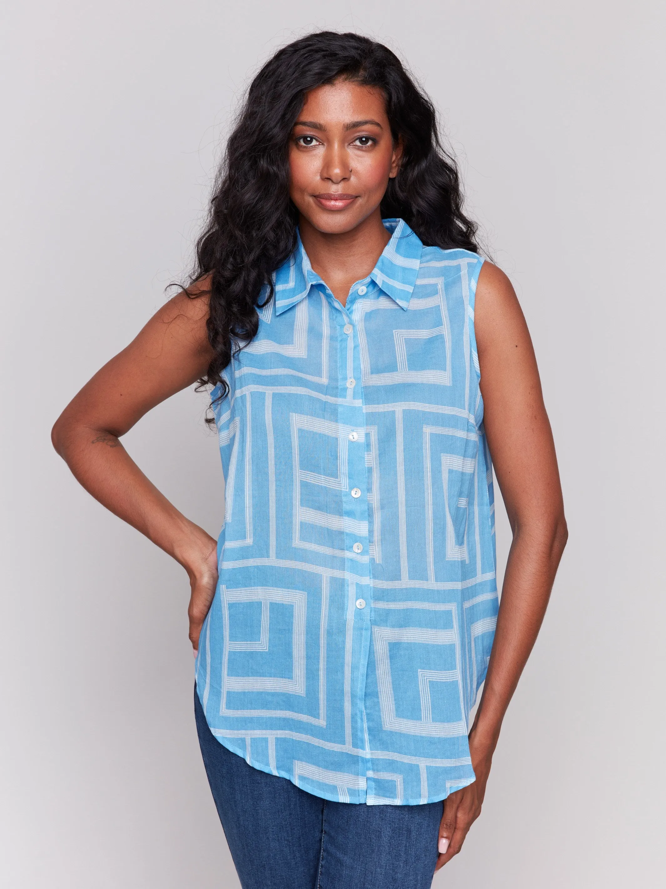 Printed Sleeveless Front Tie Cotton Shirt - Bluebell