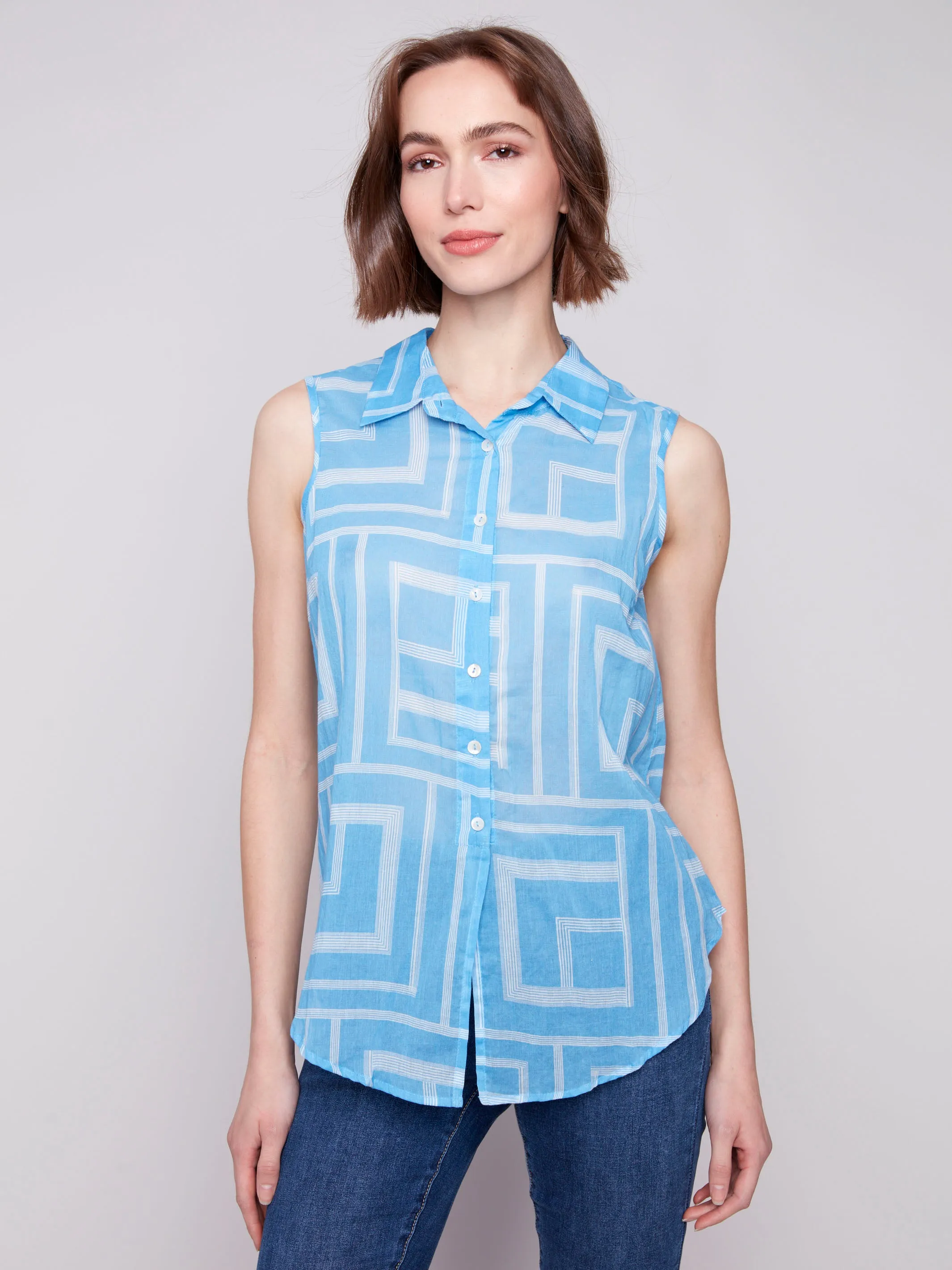 Printed Sleeveless Front Tie Cotton Shirt - Bluebell
