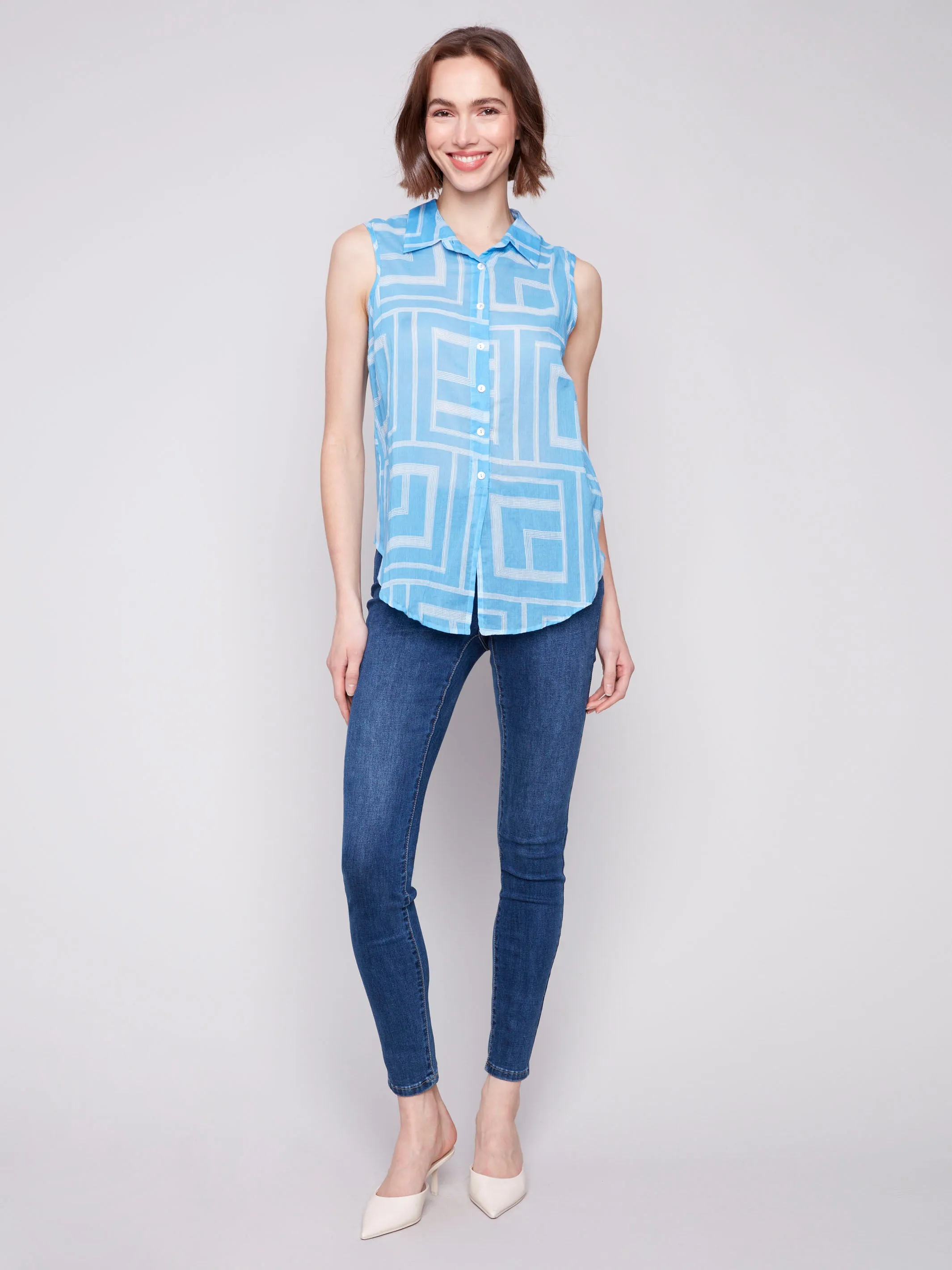 Printed Sleeveless Front Tie Cotton Shirt - Bluebell