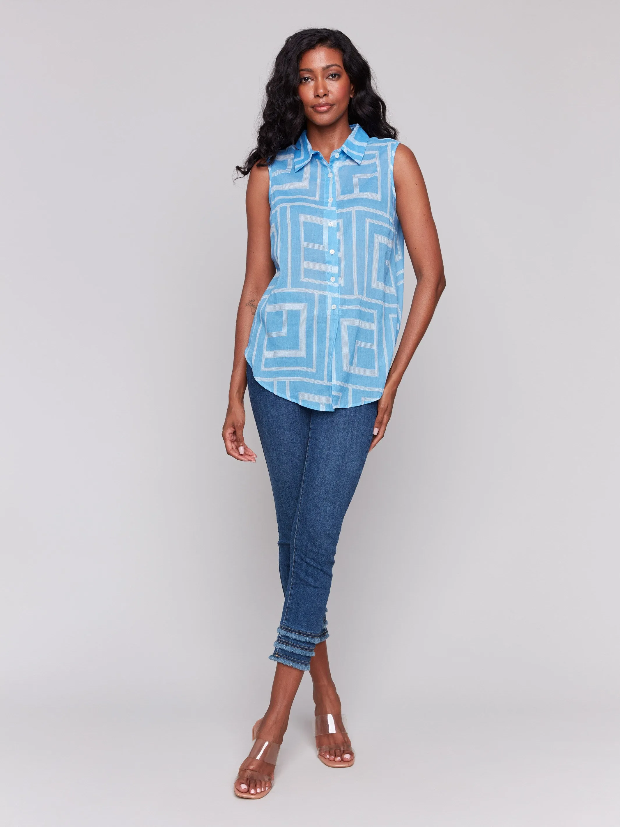 Printed Sleeveless Front Tie Cotton Shirt - Bluebell