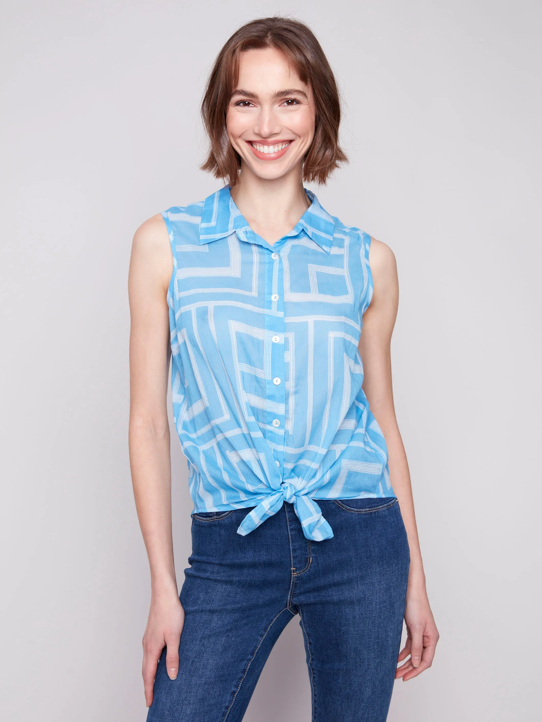 Printed Sleeveless Front Tie Cotton Shirt - Bluebell