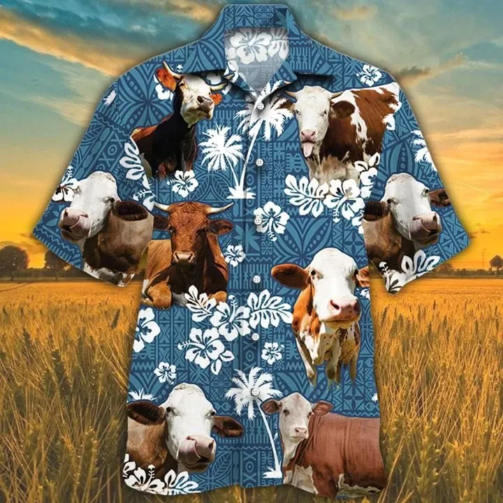 Simmental Cattle Lovers Blue Tribal Pattern Hawaiian Shirt, Cow Hawaiian shirts, cow aloha shirt for men, Hawaii shirt woman