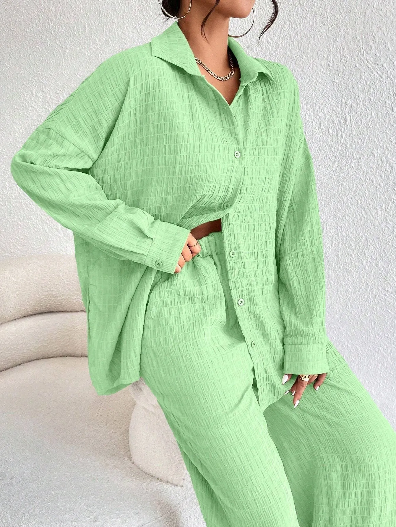 Solid Color Texture Button-Down Shirt And Straight Pants SS24
