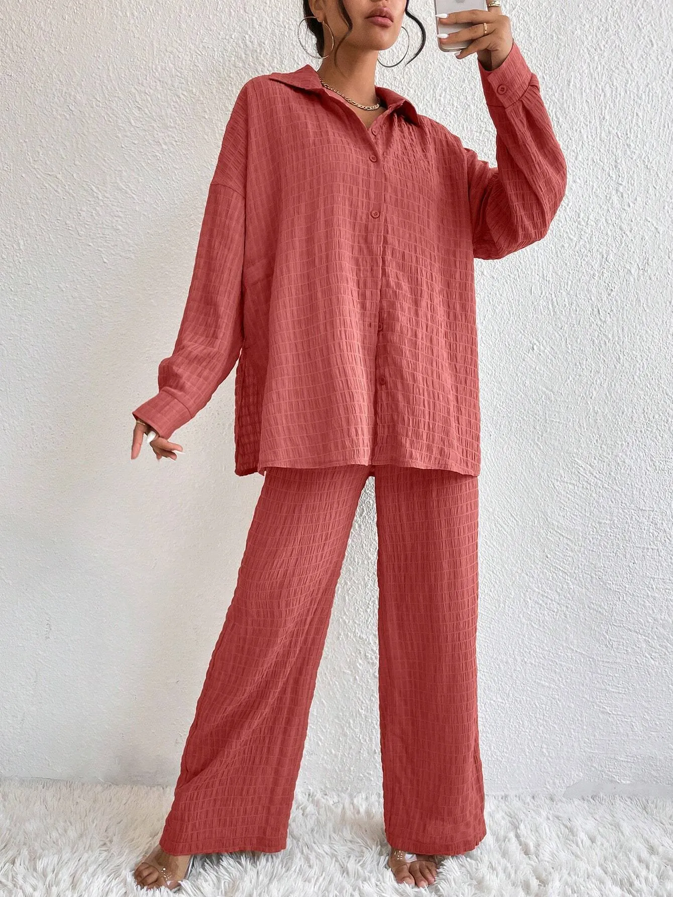 Solid Color Texture Button-Down Shirt And Straight Pants SS24